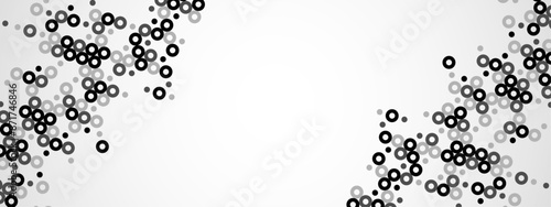 Halftone abstract background of hollow dots. Mosaic texture of random particles. Chaotic ornament. Linear pattern. Design of banner, poster on website, frame for social networks. Vector illustration