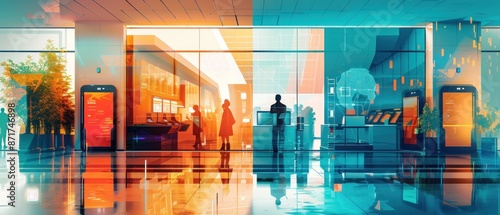 An image depicting the evolution from classic banking to AI-powered services. One side shows a traditional bank with human tellers assisting customers at counters, while the other side features a