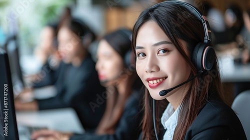 An attractive Asian businesswoman in a suit and headset smiles while working on a computer in the office. She serves as a customer service assistant using a VOIP helpdesk headset.