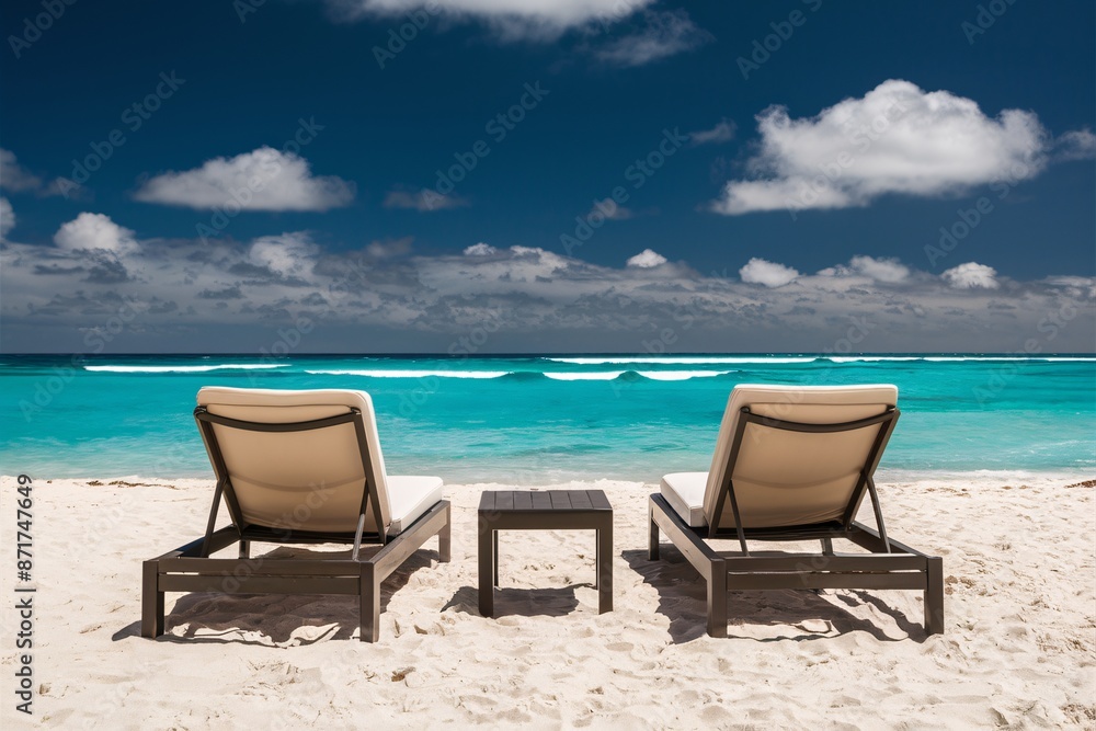 Beach lounge chairs facing turquoise ocean Beach lounge chairs facing turquoise ocean