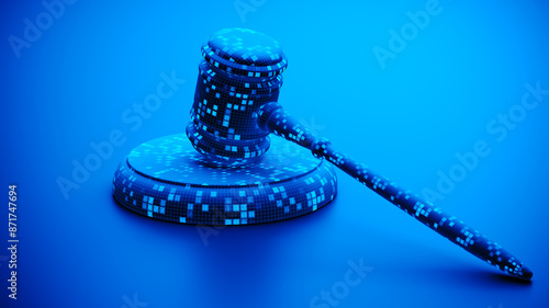 Artificial Intelligence AI and Legal Systems: A digital judge's gavel covered in binary code