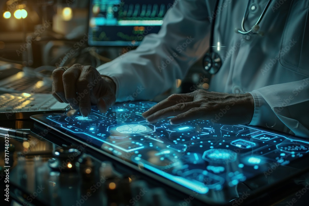 A doctor is using a tablet to look at a patient's medical records A doctor is using a tablet to look at a patient's medical records