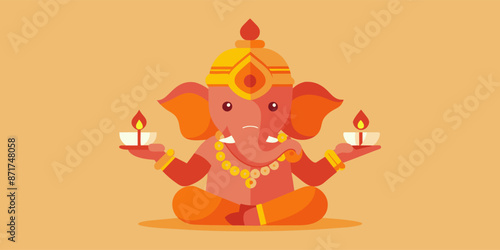 Ganesha celebrates diwali with glowing lamps, symbolizing peace and prosperity. The modern flat design adds a festive touch to this traditional indian event