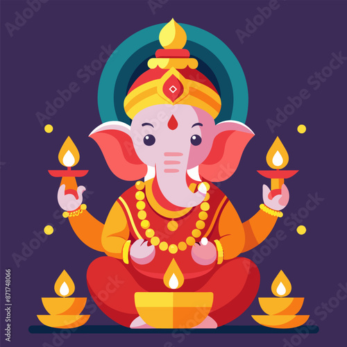 Ganesha, the hindu god of wisdom, is depicted in a colorful illustration, holding traditional oil lamps, symbolizing the victory of light over darkness during the joyous festival of diwali