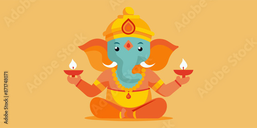 Ganesha celebrates diwali with glowing lamps, symbolizing peace and prosperity. The modern flat design adds a festive touch to this traditional indian event