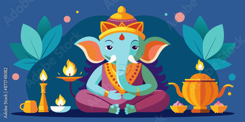 Illustration of lord ganesha meditating in lotus pose surrounded by traditional diwali oil lamps for this important hindu celebration