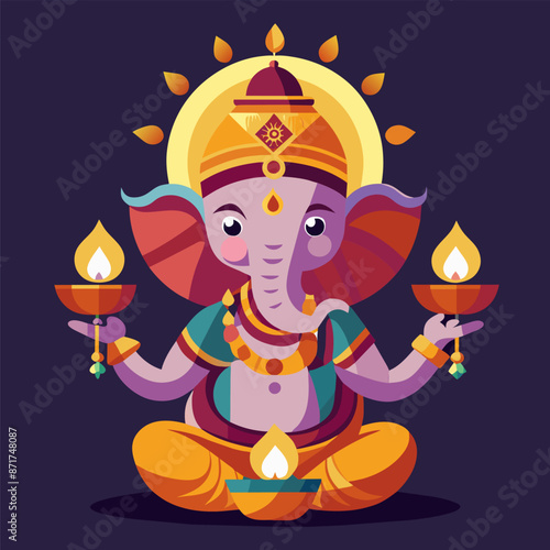 Ganesha celebrates diwali with oil lamps, symbolizing hope and prosperity. The colorful image reflects indian culture and traditions, guiding towards wisdom and good fortune