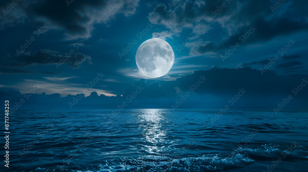 Full moon over an ocean, Bright full moon over silhouette cloud on the sky, Full moon over the sea at sunrise, natural background with copy space, Full Moon with dark cloud in night sky and Full moon over an ocean, Bright full moon over silhouette cloud on the sky, Full moon over the sea at sunrise, natural background with copy space, Full Moon with dark cloud in night sky and