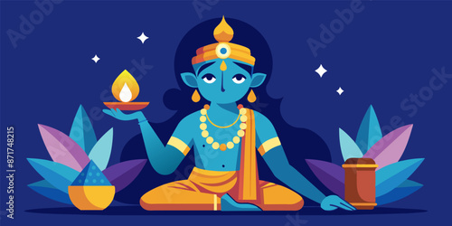 Blue skinned hindu god krishna sitting and holding a traditional diya oil lamp celebrating the diwali festival with colorful decorations