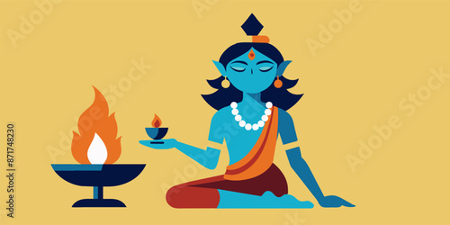 Hindu deity holding a diya oil lamp for diwali. Radiating peace and spirituality in a colorful design symbolizing hope and happiness. Set against a yellow background with elements of hindu culture