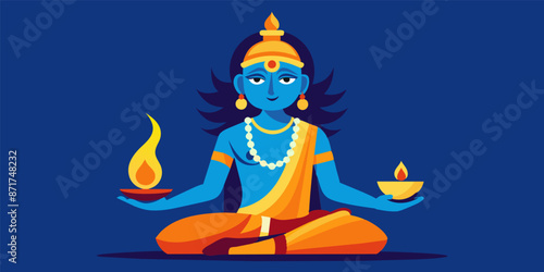 Illustration of a hindu deity meditating in the lotus position, holding two diyas, symbolizing spiritual enlightenment during diwali