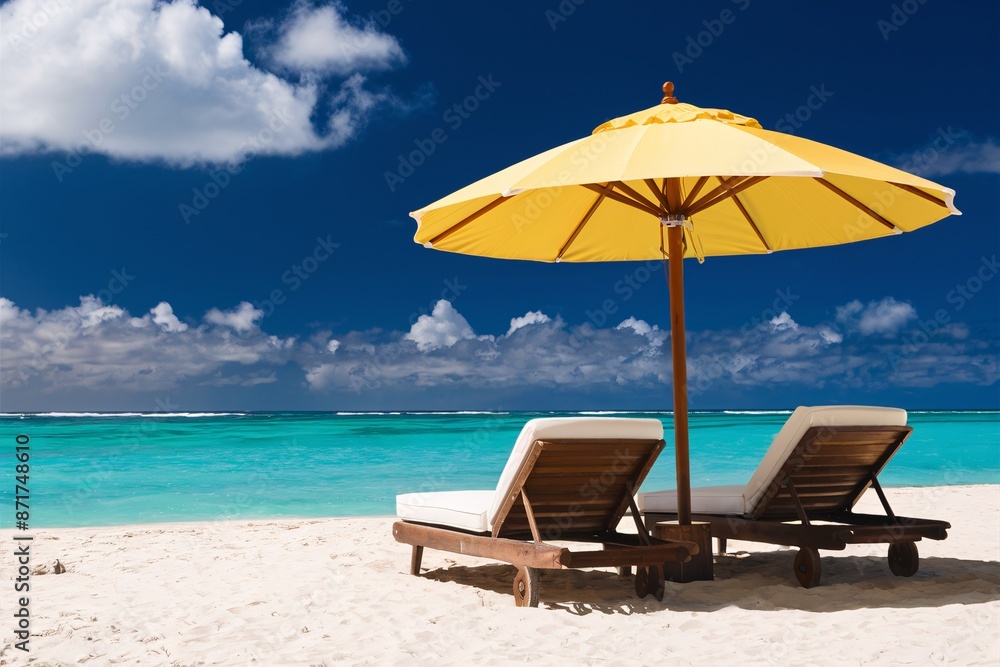 Relaxing beach scene with lounge chairs and umbrella Relaxing beach scene with lounge chairs and umbrella