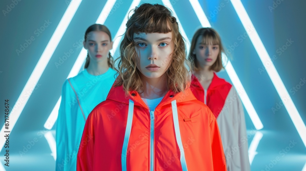 Fashion Models Posing in Neon Lit Studio with Futuristic Background and Stylish Outfits Fashion Models Posing in Neon Lit Studio with Futuristic Background and Stylish Outfits