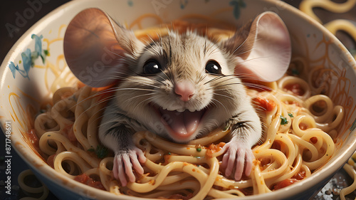 A smiling mouse lying in a bowl of spaghetti, Generative AI photo