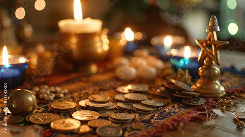 Dreidel and Gelt Coins Arranged on a Festive Hanukkah Table