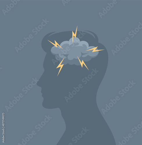 Male profile silhouette with storm cloud and lightning in his head. Mental health concept. Flat vector illustration