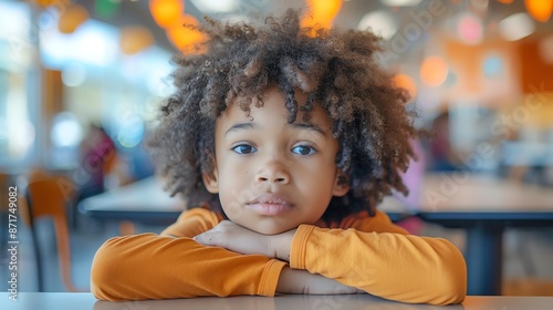 Kid sitting alone at a cafeteria table in a new school, feeling isolated, emotive portrait