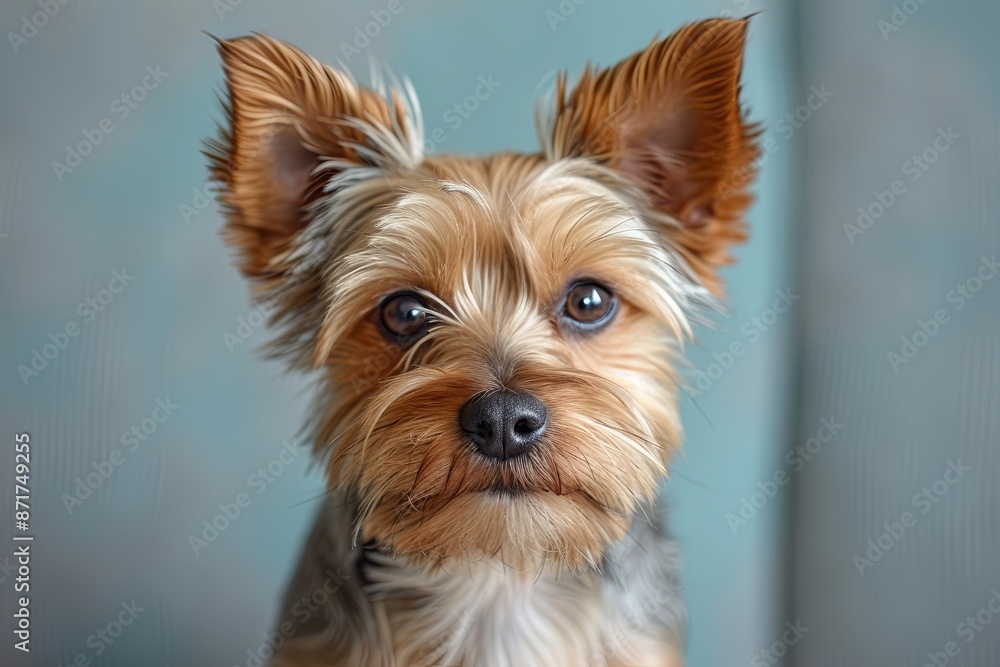 York terrier dog with brown fur and a black nose is staring at the camera. Concept of curiosity and attentiveness York terrier dog with brown fur and a black nose is staring at the camera. Concept of curiosity and attentiveness