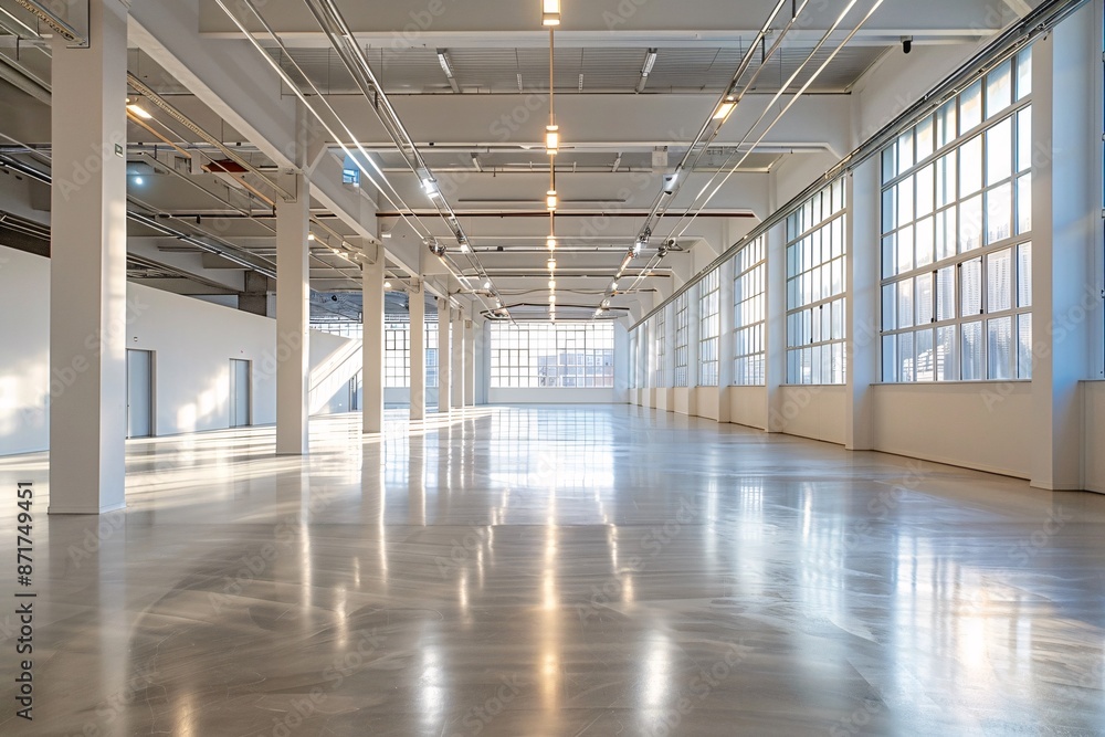 Large showroom characterized by its expansive, empty space and high ceilings, bathed in soft, natural lighting Large showroom characterized by its expansive, empty space and high ceilings, bathed in soft, natural lighting