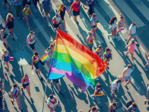 People holding rainbow flags on street photo