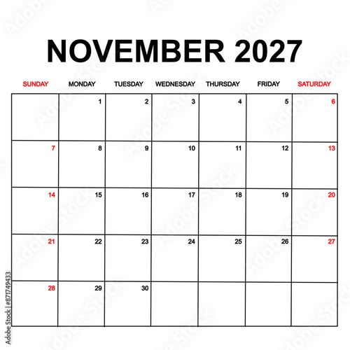 november 2027 with holydays or red dates. monthly calendar design with week starts on sunday. printable, simple, and clean vector design isolated on white background.
