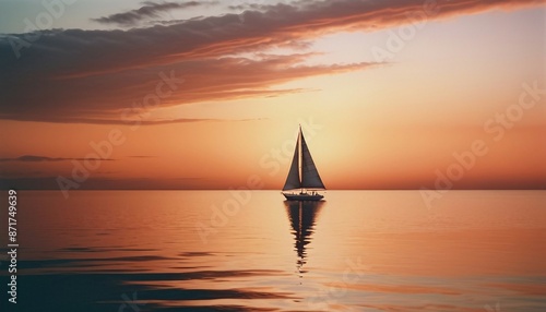 Lone sailboat cruising on a glassy ocean at the sunset moment.