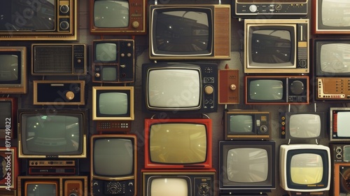 Many retro televisions. Vintage old fashioned TV. Seeing the past. Pattern wall of pile old Antique television (TV). Media background.