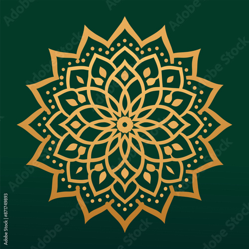 Golden floral pattern forming a mandala on a dark green background, perfect for diwali celebrations and indian holidays