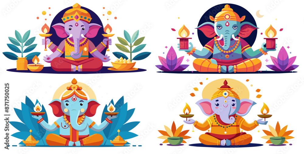 Fototapeta premium Set of ganesha, the hindu god of wisdom, is depicted in a colorful illustration, holding traditional oil lamps, symbolizing the victory of light over darkness during the joyous festival of diwali