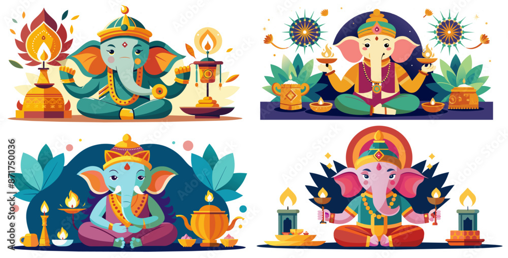 Naklejka premium Set of ganesha, the hindu god of wisdom, is depicted in a colorful illustration, holding traditional oil lamps, symbolizing the victory of light over darkness during the joyous festival of diwali