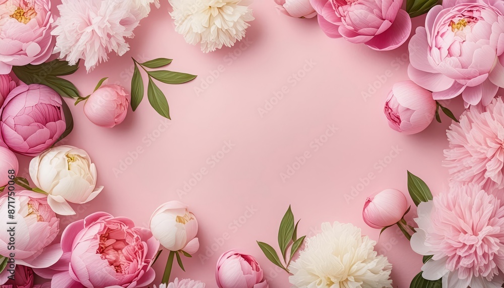 rame made of beautiful peony flowers on pink background. Flat lay, copy space, summer flowers , generbated y AI. High quality photo rame made of beautiful peony flowers on pink background. Flat lay, copy space, summer flowers , generbated y AI. High quality photo