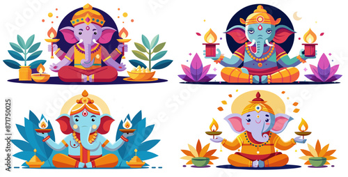 Set of ganesha, the hindu god of wisdom, is depicted in a colorful illustration, holding traditional oil lamps, symbolizing the victory of light over darkness during the joyous festival of diwali