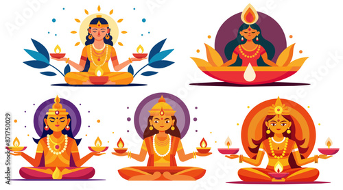 Set of hindu gods is meditating in the lotus position while gracefully holding traditional oil lamps, symbolizing the spiritual significance of the diwali festival