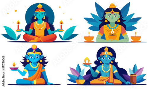 Set of hindu gods is meditating in the lotus position while gracefully holding traditional oil lamps, symbolizing the spiritual significance of the diwali festival