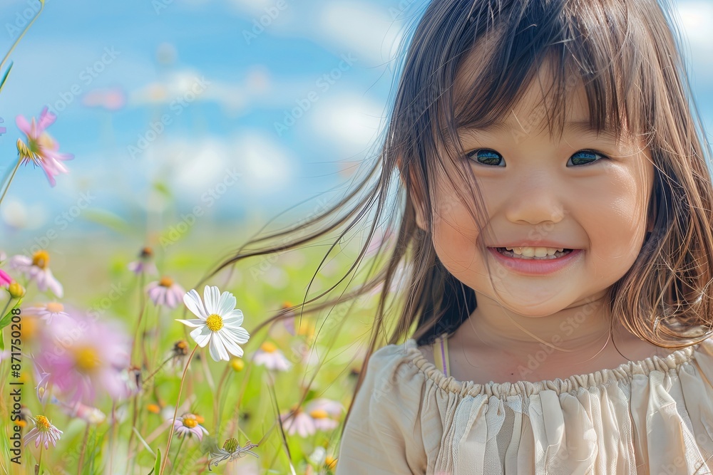 A smiling Asian child plays in a flower field A smiling Asian child plays in a flower field