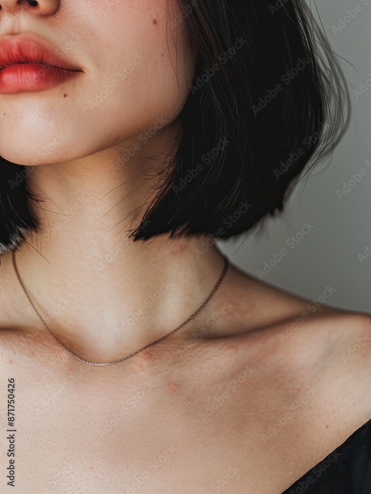Close-up of neck area with collarbone, short hair, natural skin
Close-up of neck area with collarbone, short hair, natural skin