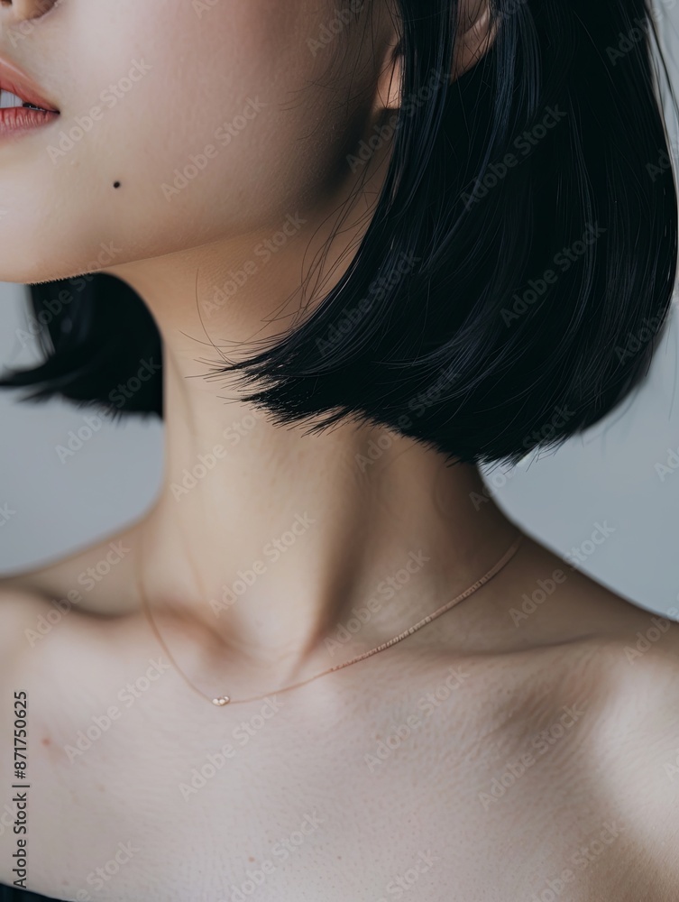 Fototapeta premium Close-up of neck area with collarbone, short hair, natural skin 