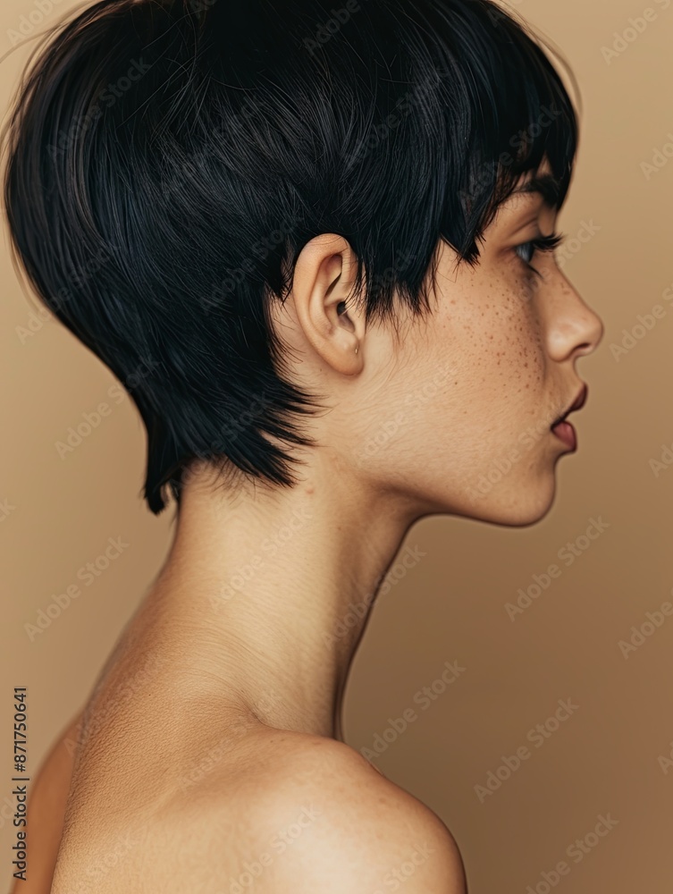 Close-up of neck area with collarbone, short hair, natural skin
