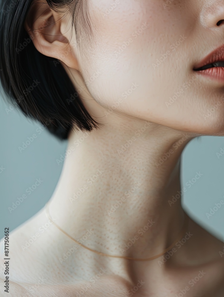 Close-up of neck area with collarbone, short hair, natural skin
Close-up of neck area with collarbone, short hair, natural skin