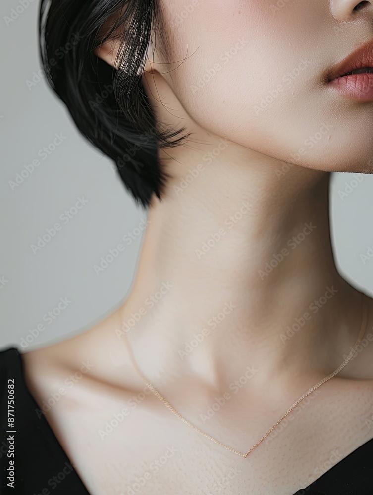 Close-up of neck area with collarbone, short hair, natural skin
Close-up of neck area with collarbone, short hair, natural skin