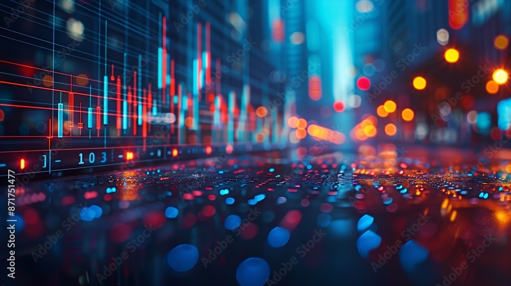 Financial Data Displayed on Laptop Screen With City Lights in the Background Financial Data Displayed on Laptop Screen With City Lights in the Background