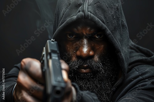 black man with beard holding a gun in a black hoodie