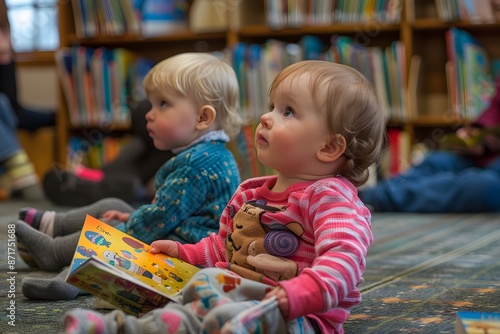 Young children reading books in a library, engrossed in colorful stories among shelves of books.