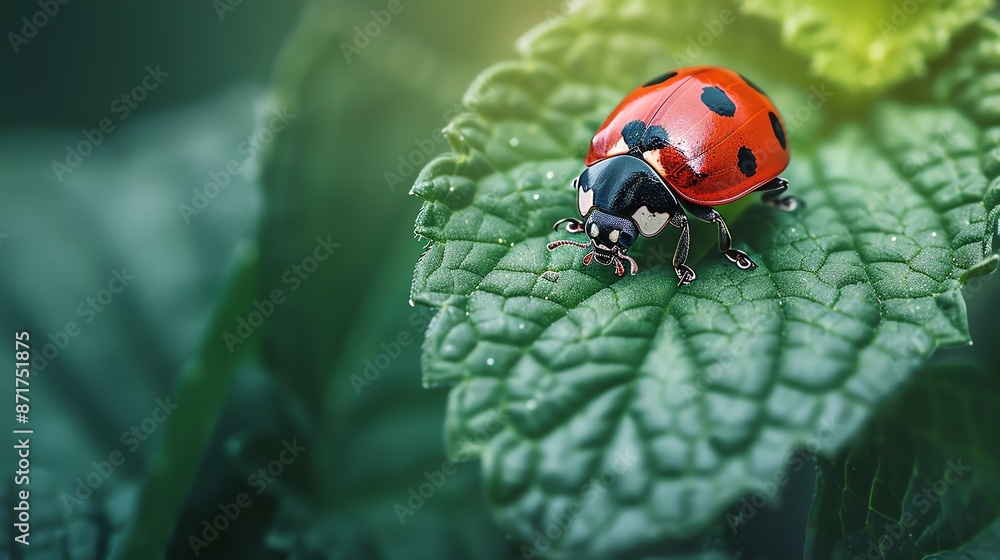 Fototapeta premium Highresolution image of a ladybug crawling on a fresh green leaf, exemplifying the symbiotic relationship between insects and plant life