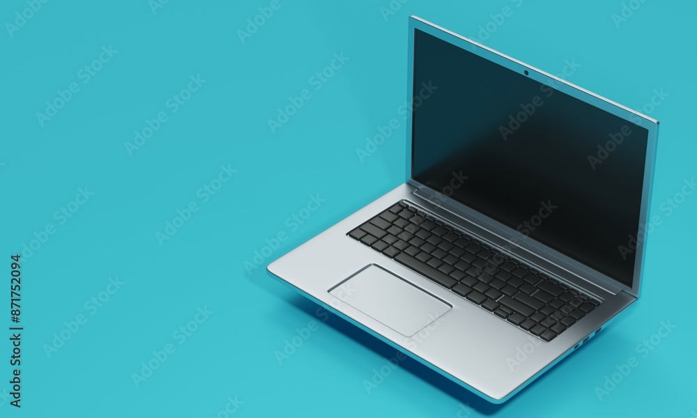 Metal turned off laptop on a blue background with shadow. 3d rendering Metal turned off laptop on a blue background with shadow. 3d rendering