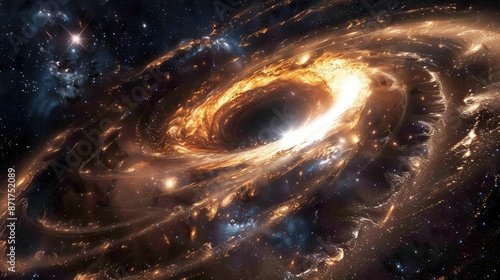 Black Hole Accretion Disks, A stunning, detailed image of a spiral galaxy with a bright, glowing center, surrounded by swirling arms of stars and cosmic dust, set against a dark, s