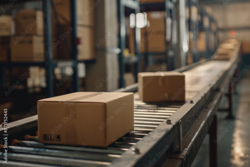 Shipping Boxes Warehouse. Adhesive Closed Cardboard Boxes on Conveyor Rollers for Courier Distribution Shipping Boxes Warehouse. Adhesive Closed Cardboard Boxes on Conveyor Rollers for Courier Distribution