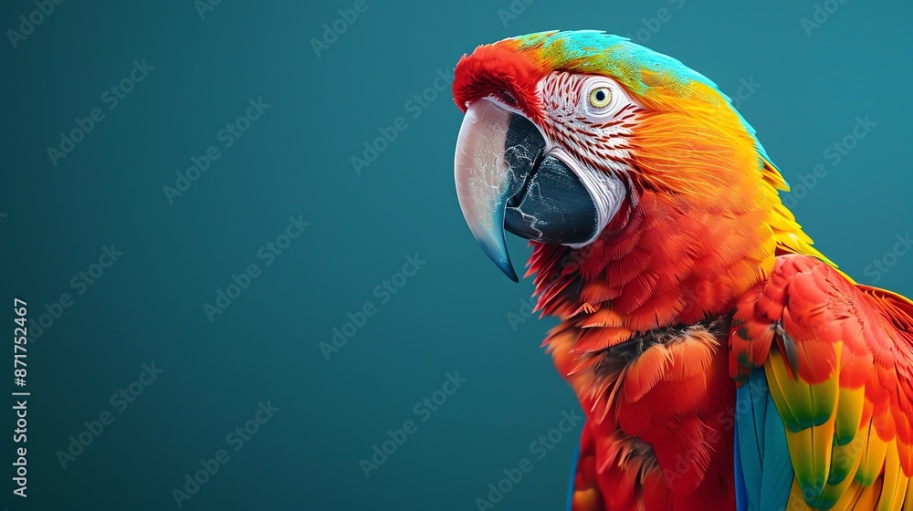 Fototapeta premium A colorful parrot against a solid cyan background, with space for text above