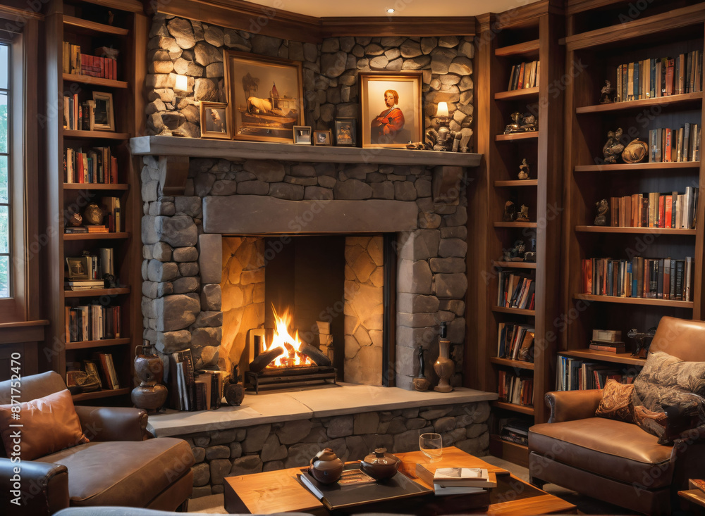 A cozy corner with a gas fireplace set in a stone surround, surrounded by built-in bookshelves filled with curated art and books. A cozy corner with a gas fireplace set in a stone surround, surrounded by built-in bookshelves filled with curated art and books.