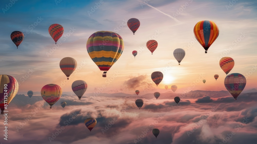 Obraz premium Colorful hot air balloons in the sky. 3D Rendering. Antique style, 3d rendering..